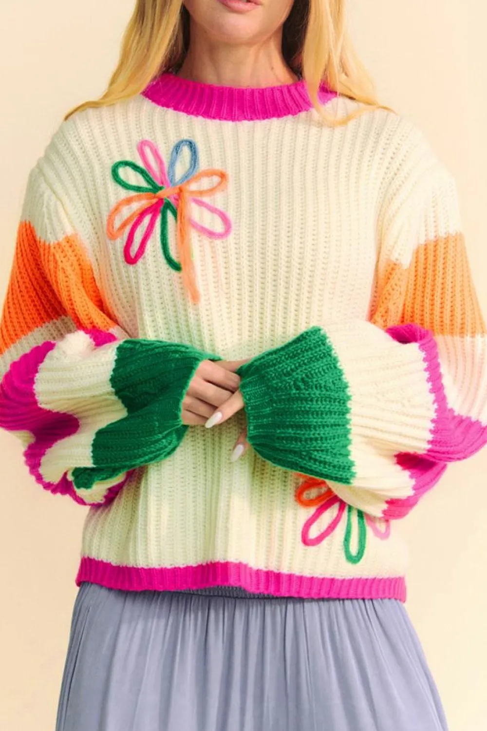 Best Dear-Lover Colorblock Flower Print Cable Knit Loose Sweater Beige