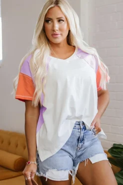 Best Dear-Lover Colorblock Patchwork V Neck Exposed Seam High Low T Shirt Beige