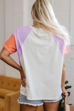 Best Dear-Lover Colorblock Patchwork V Neck Exposed Seam High Low T Shirt Beige