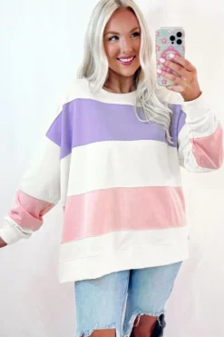 Sale Dear-Lover Colorblock Patchwork Drop Shoulder Crewneck Sweatshirt Beige