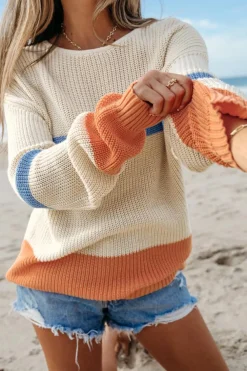 New Dear-Lover Colorblock Striped Drop Shoulder Cozy Sweater Beige