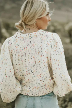 Hot Dear-Lover Colorful Confetti Dots Cable Knit Crew Neck Sweater Beige