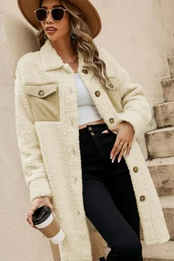 Online Dear-Lover Contrast Flap Pocket Single Breasted Teddy Coat Beige