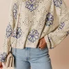 Online Dear-Lover Contrast Flower Print Eyelet Drop Shoulder Sweater Beige