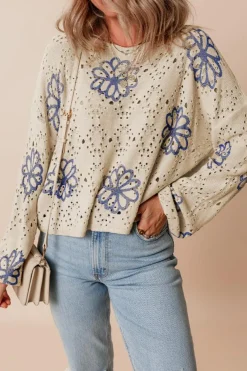 Online Dear-Lover Contrast Flower Print Eyelet Drop Shoulder Sweater Beige