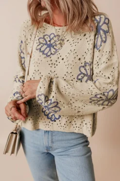 Online Dear-Lover Contrast Flower Print Eyelet Drop Shoulder Sweater Beige