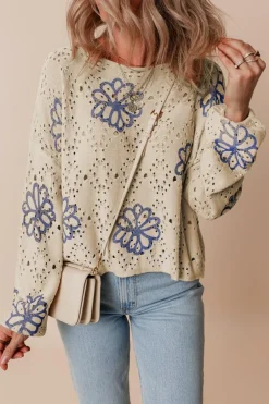 Online Dear-Lover Contrast Flower Print Eyelet Drop Shoulder Sweater Beige