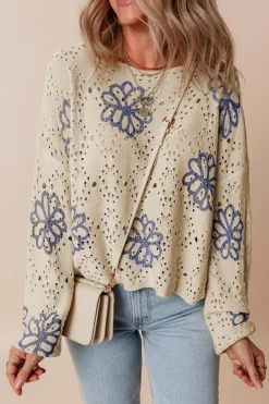 Online Dear-Lover Contrast Flower Print Eyelet Drop Shoulder Sweater Beige