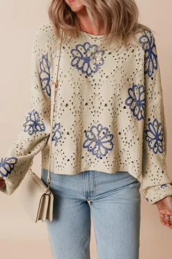 Online Dear-Lover Contrast Flower Print Eyelet Drop Shoulder Sweater Beige