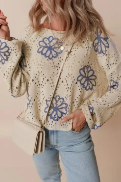 Online Dear-Lover Contrast Flower Print Eyelet Drop Shoulder Sweater Beige