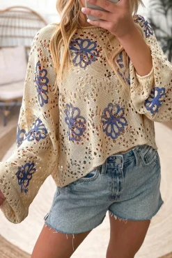 Online Dear-Lover Contrast Flower Print Eyelet Drop Shoulder Sweater Beige
