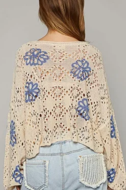 Online Dear-Lover Contrast Flower Print Eyelet Drop Shoulder Sweater Beige
