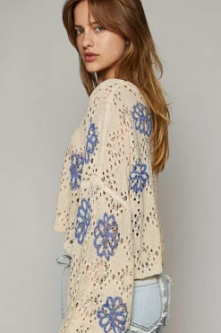 Online Dear-Lover Contrast Flower Print Eyelet Drop Shoulder Sweater Beige