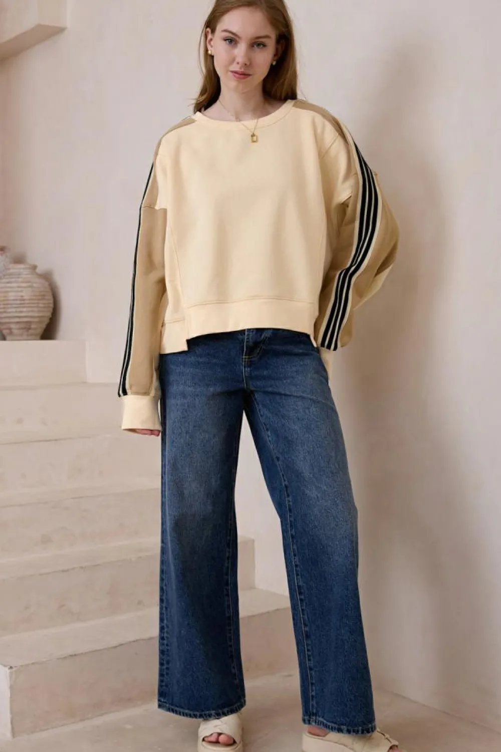 Sale Dear-Lover Contrast Striped Patchwork Drop Shoulder Loose Sweatshirt Beige