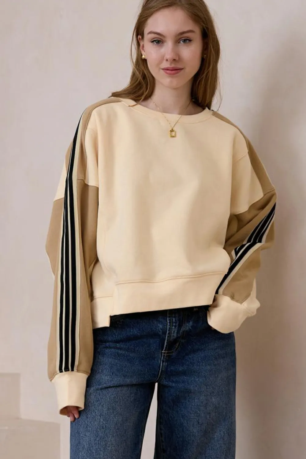 Sale Dear-Lover Contrast Striped Patchwork Drop Shoulder Loose Sweatshirt Beige