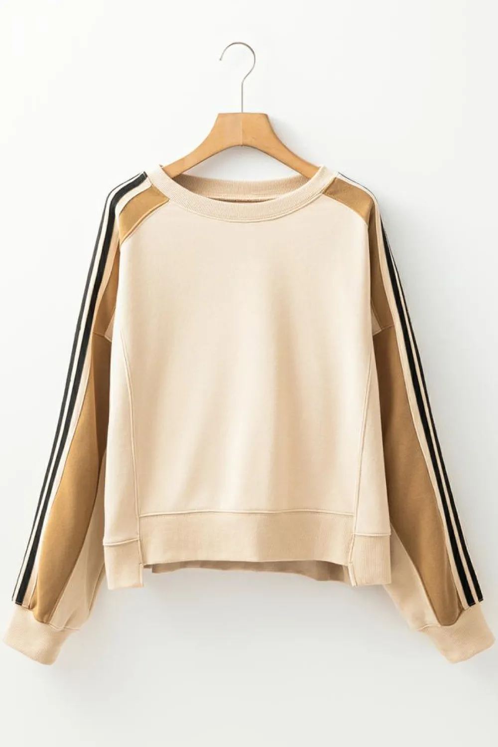 Sale Dear-Lover Contrast Striped Patchwork Drop Shoulder Loose Sweatshirt Beige