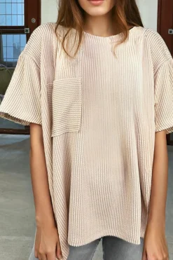 Sale Dear-Lover Corded Knit Pocketed Loose Fit T Shirt Beige
