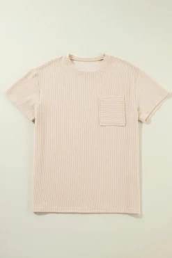 Sale Dear-Lover Corded Knit Pocketed Loose Fit T Shirt Beige