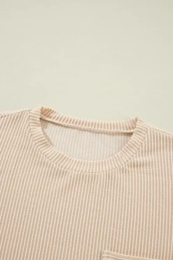 Sale Dear-Lover Corded Knit Pocketed Loose Fit T Shirt Beige