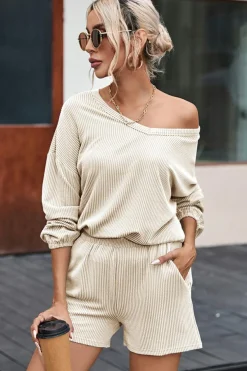 Outlet Dear-Lover Corded V Neck Slouchy Top Pocketed Shorts Set Beige