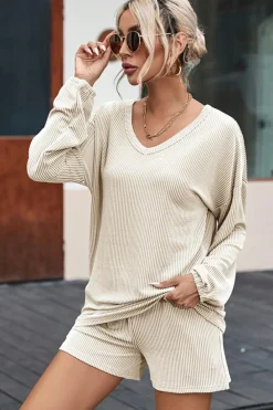Outlet Dear-Lover Corded V Neck Slouchy Top Pocketed Shorts Set Beige