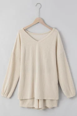 Outlet Dear-Lover Corded V Neck Slouchy Top Pocketed Shorts Set Beige