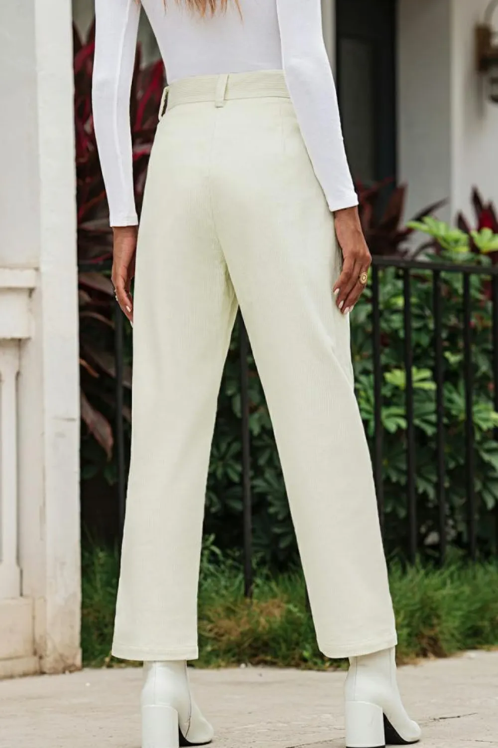 Outlet Dear-Lover Corduroy High Waist Straight Leg Pants Beige