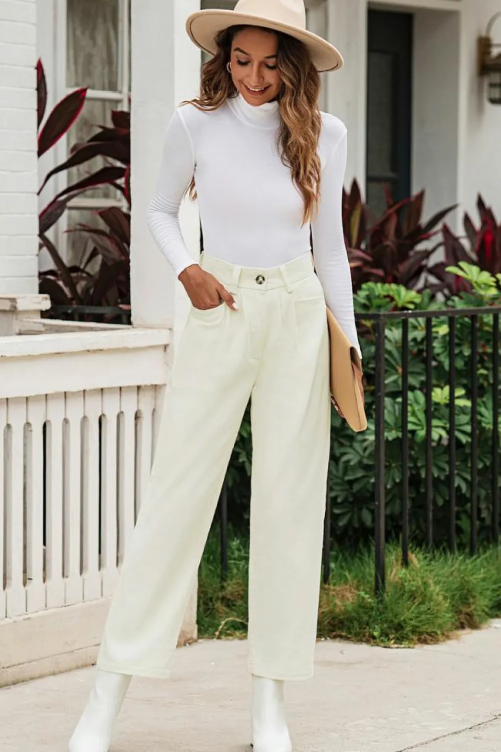 Outlet Dear-Lover Corduroy High Waist Straight Leg Pants Beige