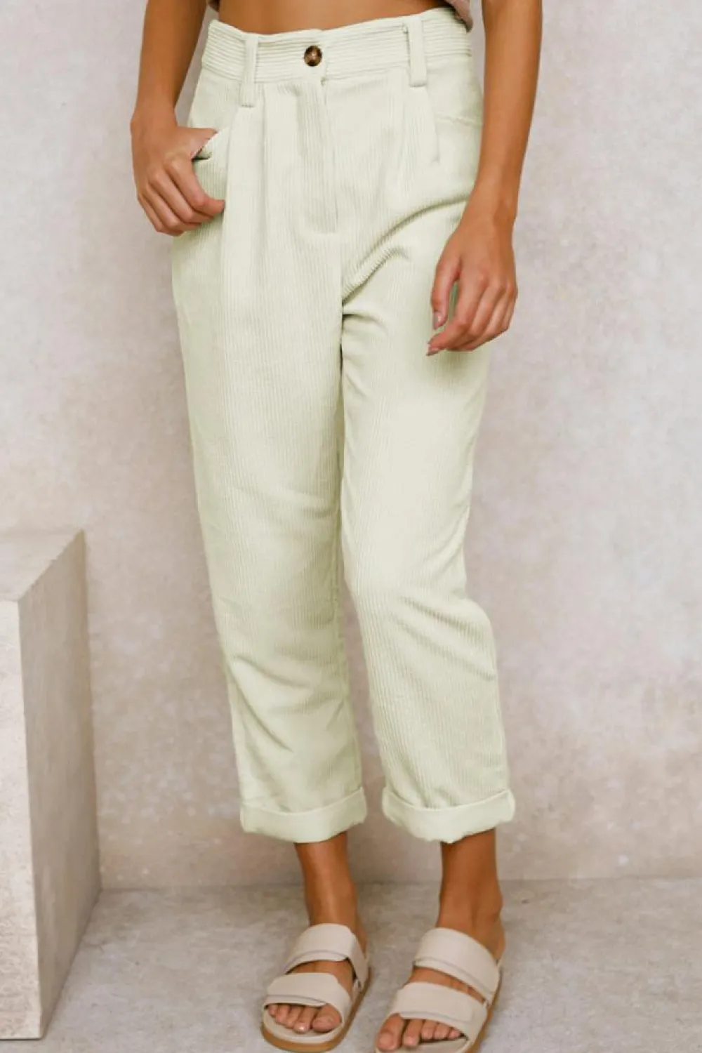 Outlet Dear-Lover Corduroy High Waist Straight Leg Pants Beige