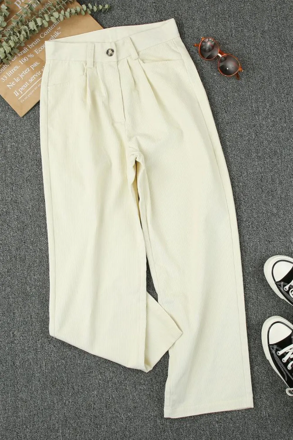 Outlet Dear-Lover Corduroy High Waist Straight Leg Pants Beige