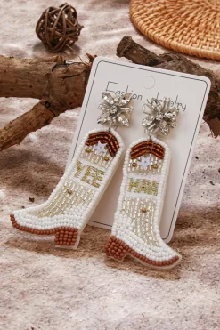 Best Dear-Lover Cowboy Boots Rice Bead Dangle Earrings Beige