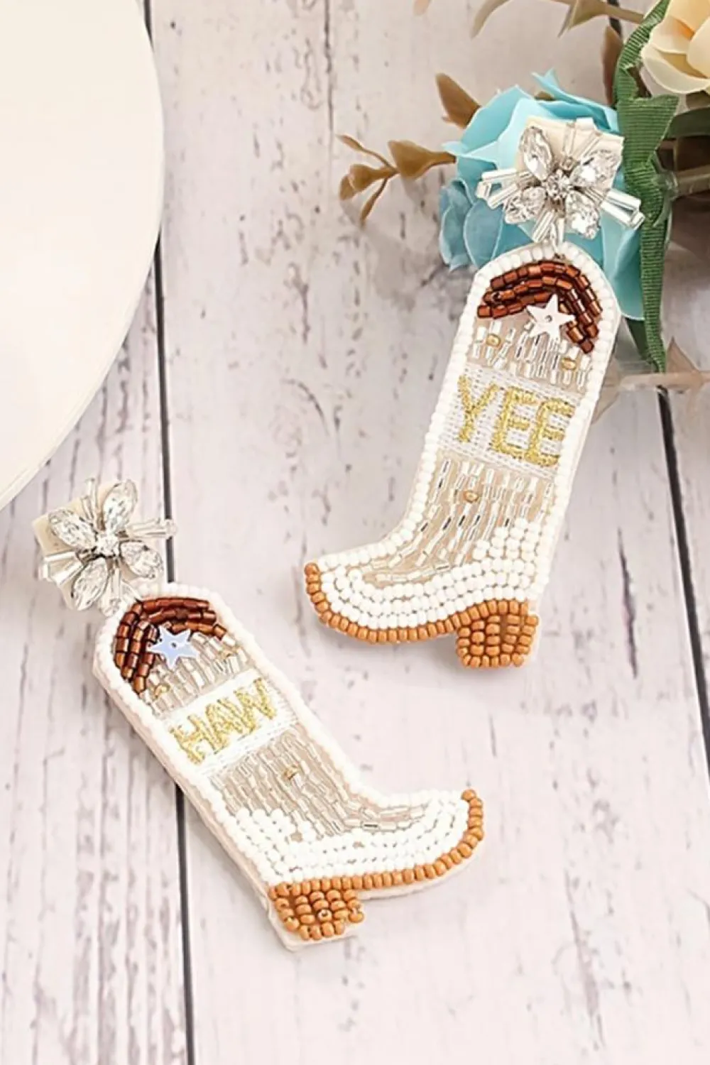 Best Dear-Lover Cowboy Boots Rice Bead Dangle Earrings Beige