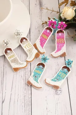 Best Dear-Lover Cowboy Boots Rice Bead Dangle Earrings Beige