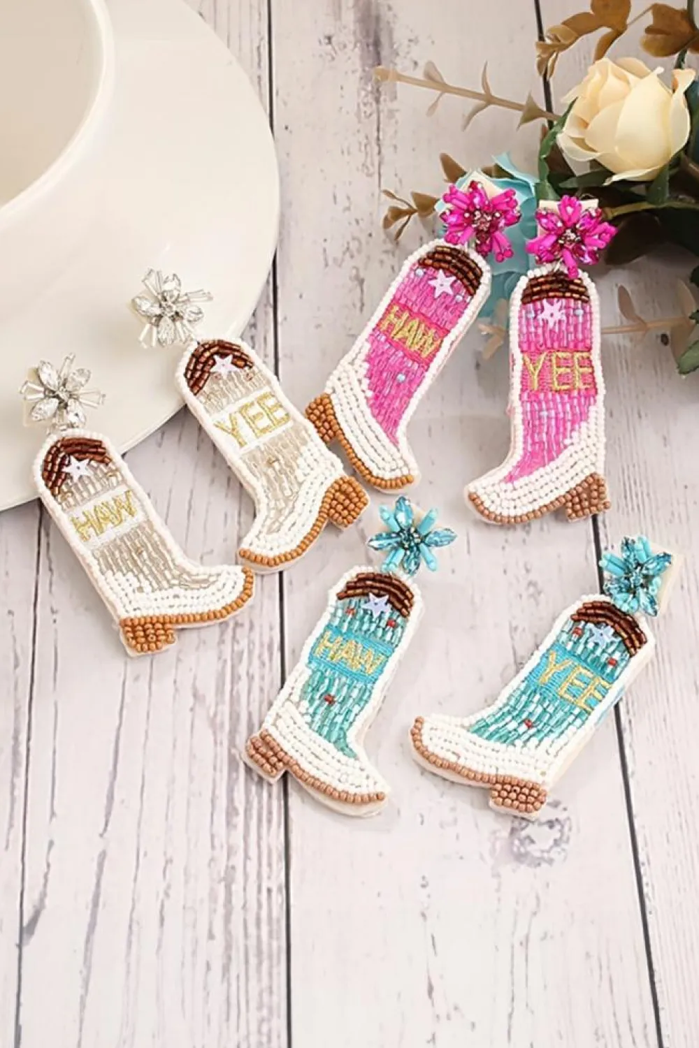 Best Dear-Lover Cowboy Boots Rice Bead Dangle Earrings Beige