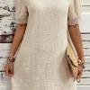 Hot Dear-Lover Crinkle Lace Trim Puff Sleeve Shift Mini Dress Beige