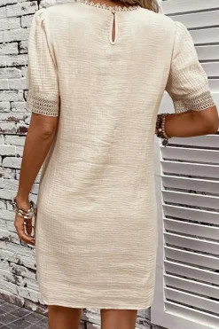 Hot Dear-Lover Crinkle Lace Trim Puff Sleeve Shift Mini Dress Beige