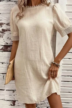Hot Dear-Lover Crinkle Lace Trim Puff Sleeve Shift Mini Dress Beige