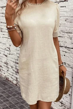Hot Dear-Lover Crinkle Lace Trim Puff Sleeve Shift Mini Dress Beige
