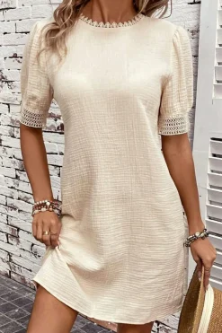 Hot Dear-Lover Crinkle Lace Trim Puff Sleeve Shift Mini Dress Beige