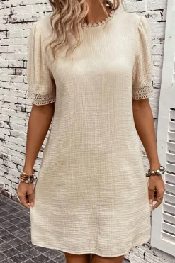 Hot Dear-Lover Crinkle Lace Trim Puff Sleeve Shift Mini Dress Beige