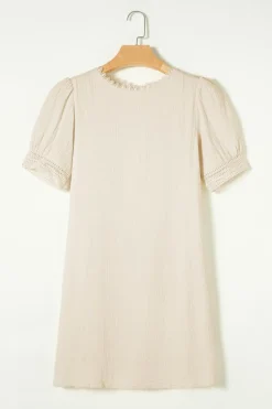 Hot Dear-Lover Crinkle Lace Trim Puff Sleeve Shift Mini Dress Beige