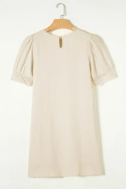 Hot Dear-Lover Crinkle Lace Trim Puff Sleeve Shift Mini Dress Beige