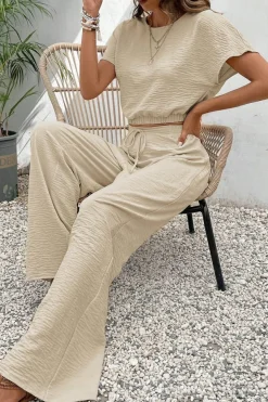 Hot Dear-Lover Crinkled Elastic Hem Crop Tee and Wide Leg Pants Set Beige