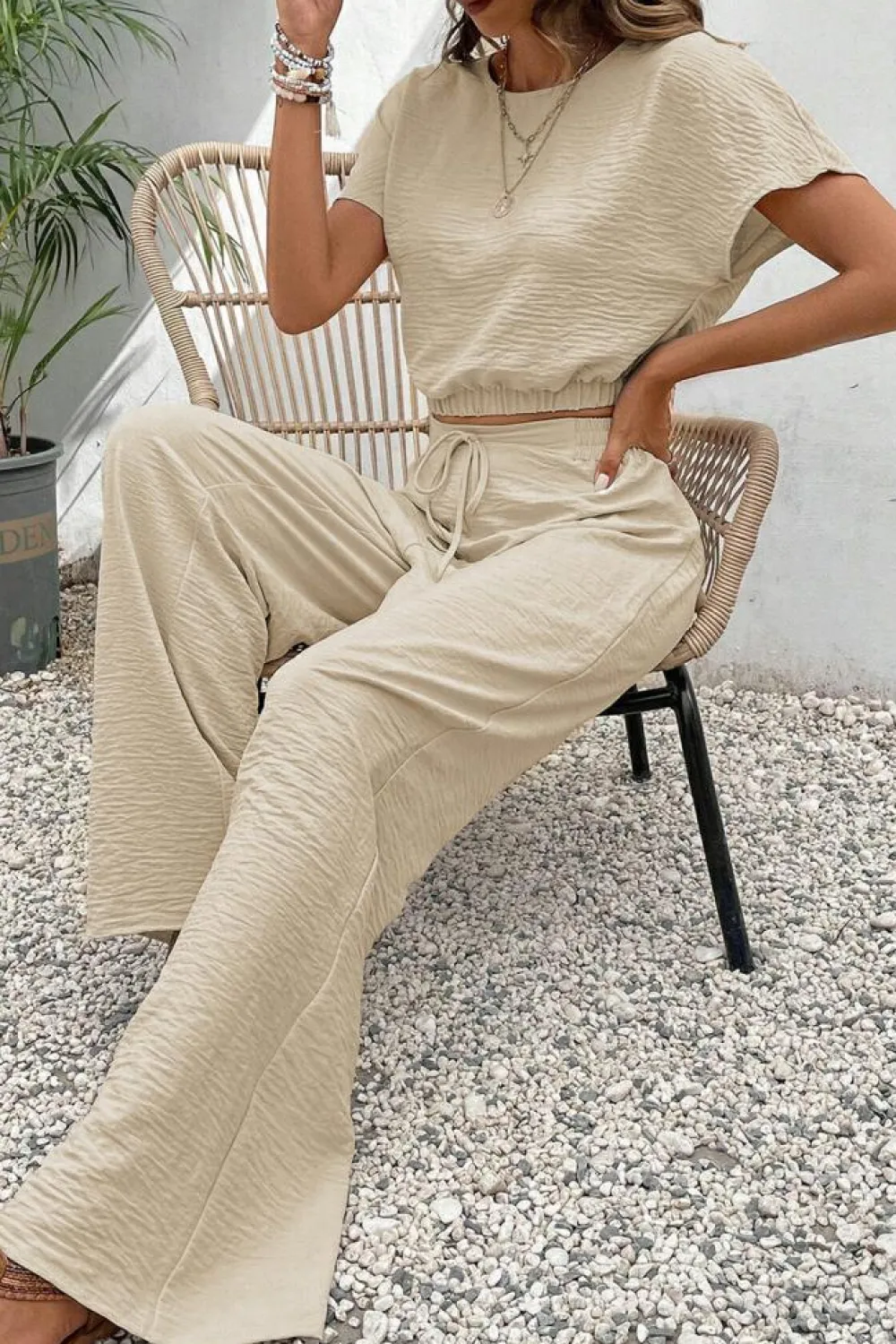 Hot Dear-Lover Crinkled Elastic Hem Crop Tee and Wide Leg Pants Set Beige