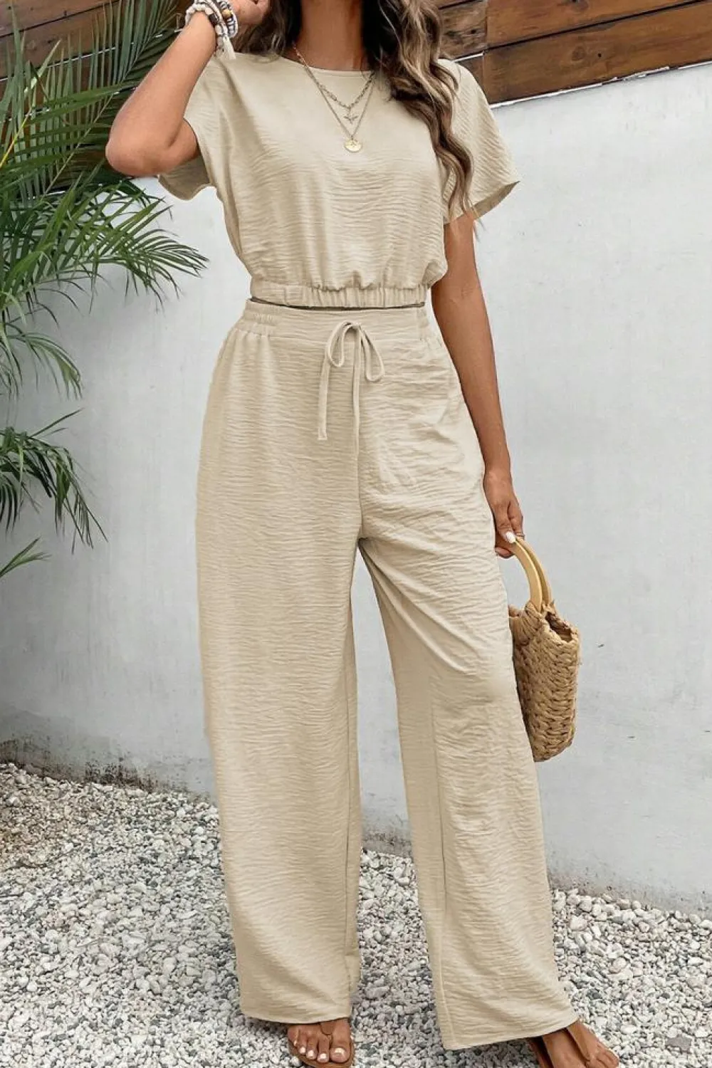 Hot Dear-Lover Crinkled Elastic Hem Crop Tee and Wide Leg Pants Set Beige