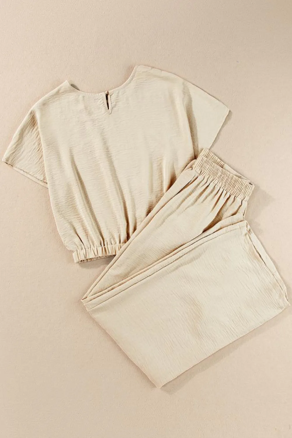 Hot Dear-Lover Crinkled Elastic Hem Crop Tee and Wide Leg Pants Set Beige