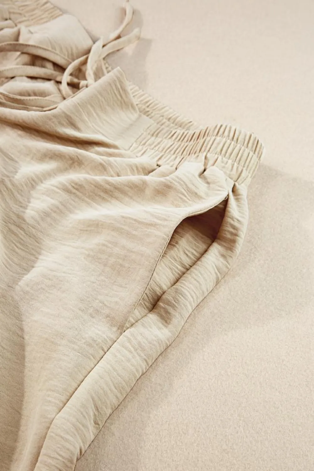 Hot Dear-Lover Crinkled Elastic Hem Crop Tee and Wide Leg Pants Set Beige