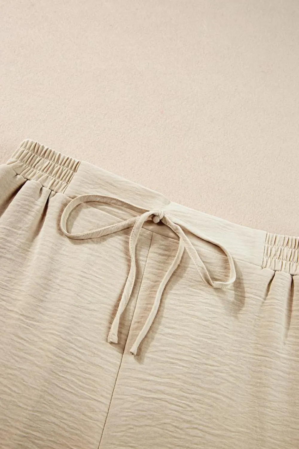 Hot Dear-Lover Crinkled Elastic Hem Crop Tee and Wide Leg Pants Set Beige