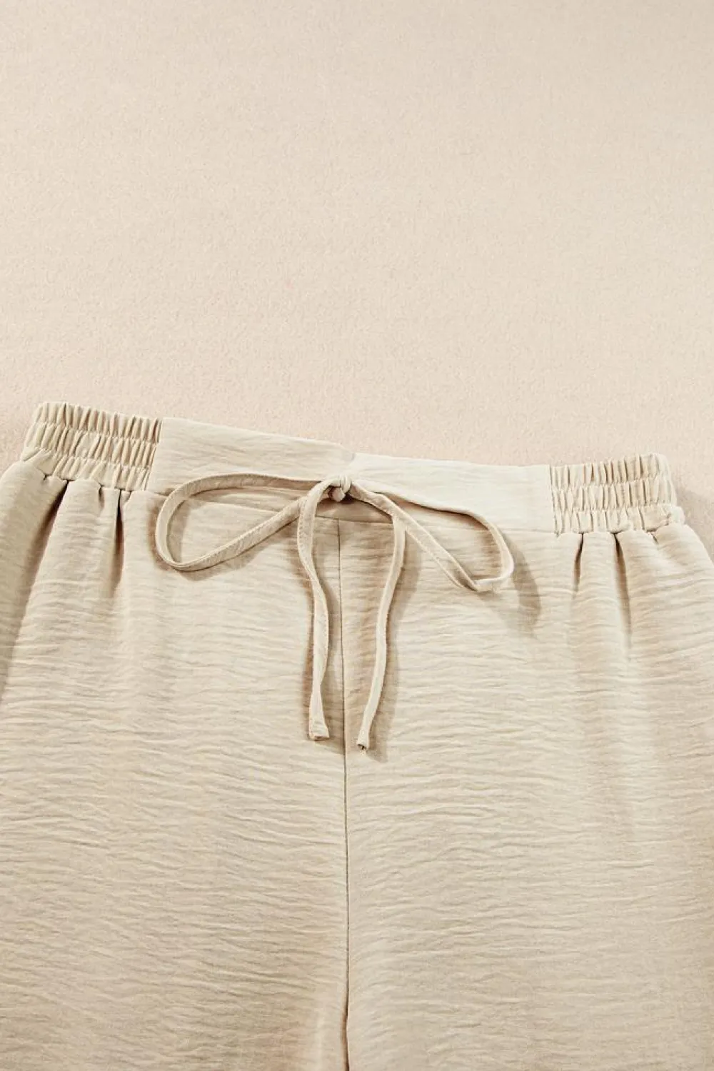 Hot Dear-Lover Crinkled Elastic Hem Crop Tee and Wide Leg Pants Set Beige