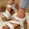 New Dear-Lover Cut Out Suede Velcro Wedge Sandals Beige